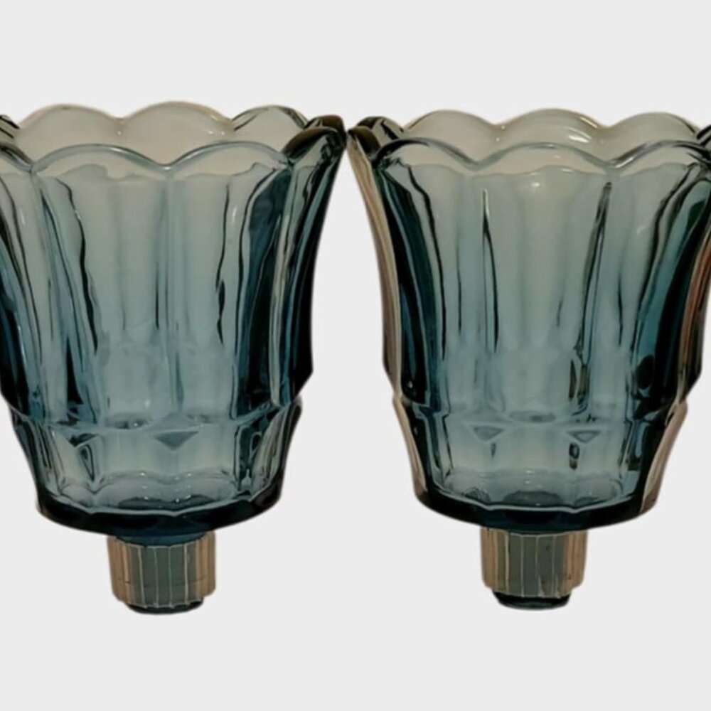 Vtg HOMCO Votive Cups Home Interior Cerulean Blue Glass Panel Design 3.5" tall